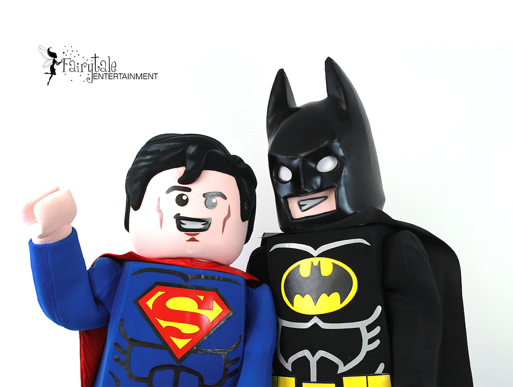 Rent Lego Superman Party Character for Kids Birthday, Lego Superman superhero party character for hire