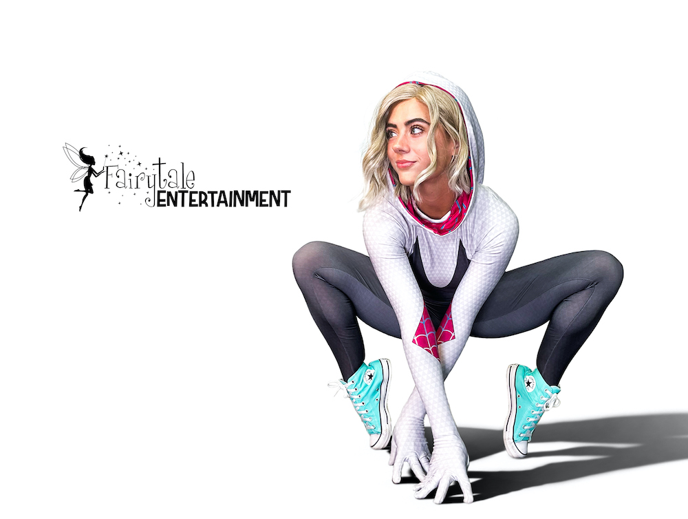 Rent Spider Gwen superhero party character in Auburn Hills, Michigan. Hire spiderverse party characters in Detroit and Chicago.