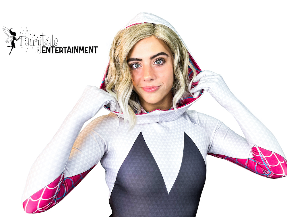 Rent Spider Gwen superhero party character in Auburn Hills, Michigan. Hire spiderverse party characters in Detroit and Chicago.