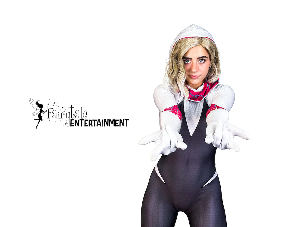 Rent Spider Gwen superhero party character in Auburn Hills, Michigan. Hire spiderverse party characters in Detroit and Chicago.