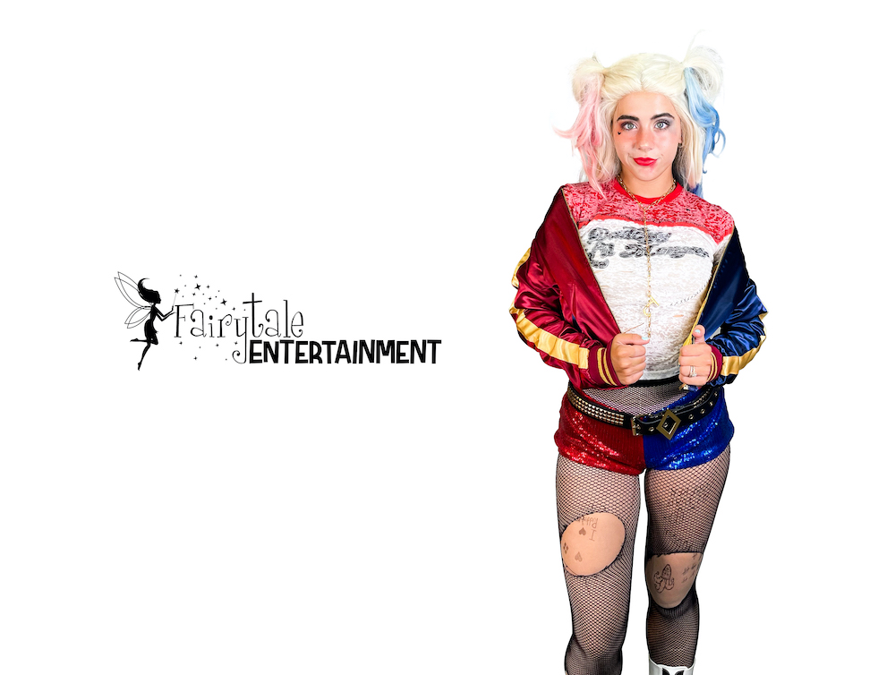 Rent Harley Quinn party performer for kids birthday party in Metro Detroit, Chicago and Naperville. Hire Harley Quinn and Joker for Halloween parties.