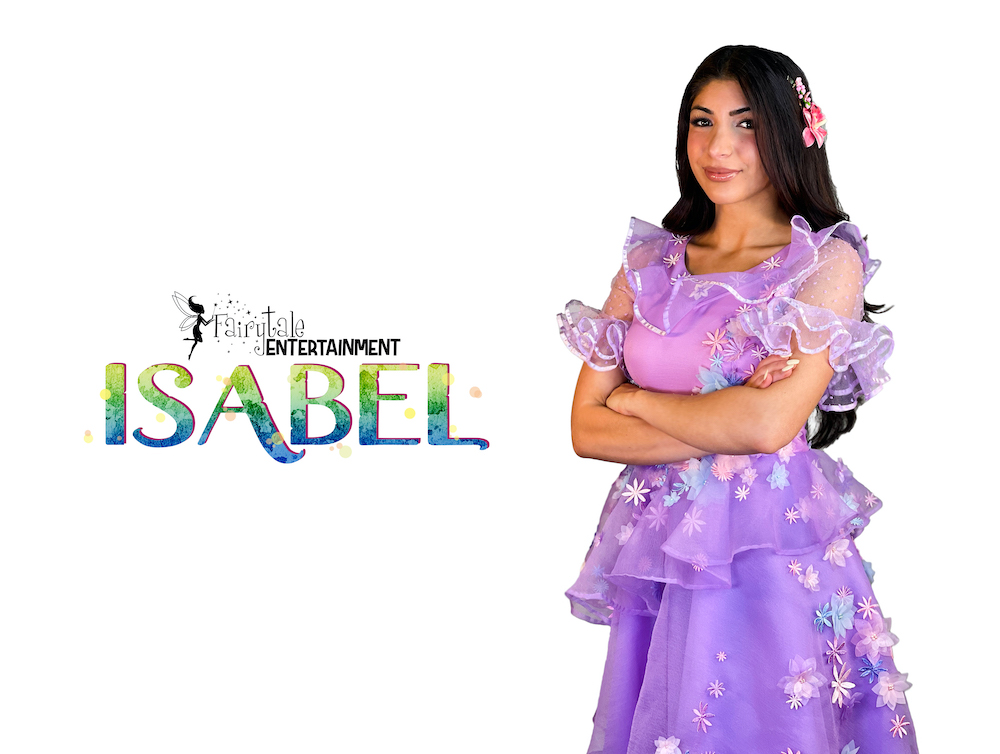 Encanto party characters for hire in Detroit and Chicago. Mirabel and Isabella party character impersonators for kids birthday party entertainment.
