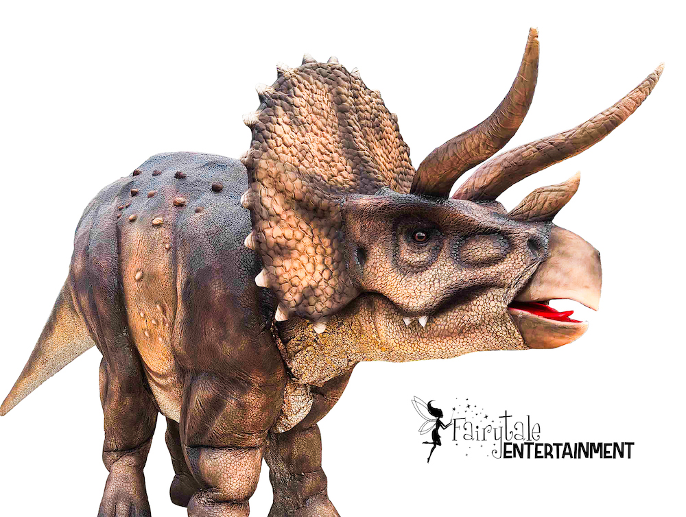 Walking dinosaur rental for a kids birthday party or special event in Auburn Hills, MI and Naperville, IL. Rent a Triceratops dinosaur for parties and events.
