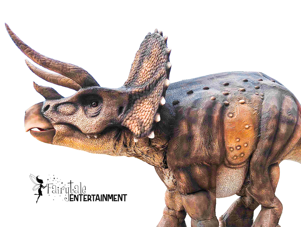 Walking dinosaur rental for a kids birthday party or special event in Auburn Hills, MI and Naperville, IL. Rent a Triceratops dinosaur for parties and events.