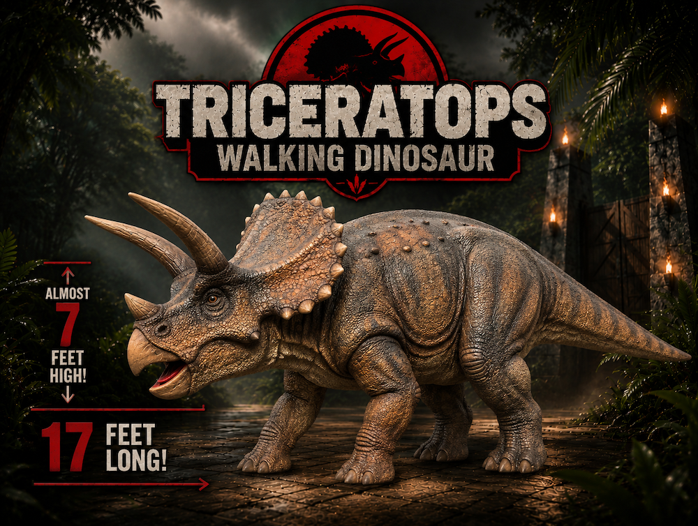 Walking dinosaur rental for a kids birthday party or special event in Auburn Hills, MI and Naperville, IL. Rent a Triceratops dinosaur for parties and events.